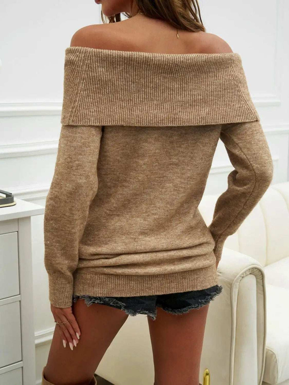 Off-Shoulder Long Sleeve Sweater - Trendsi - Flyclothing LLC