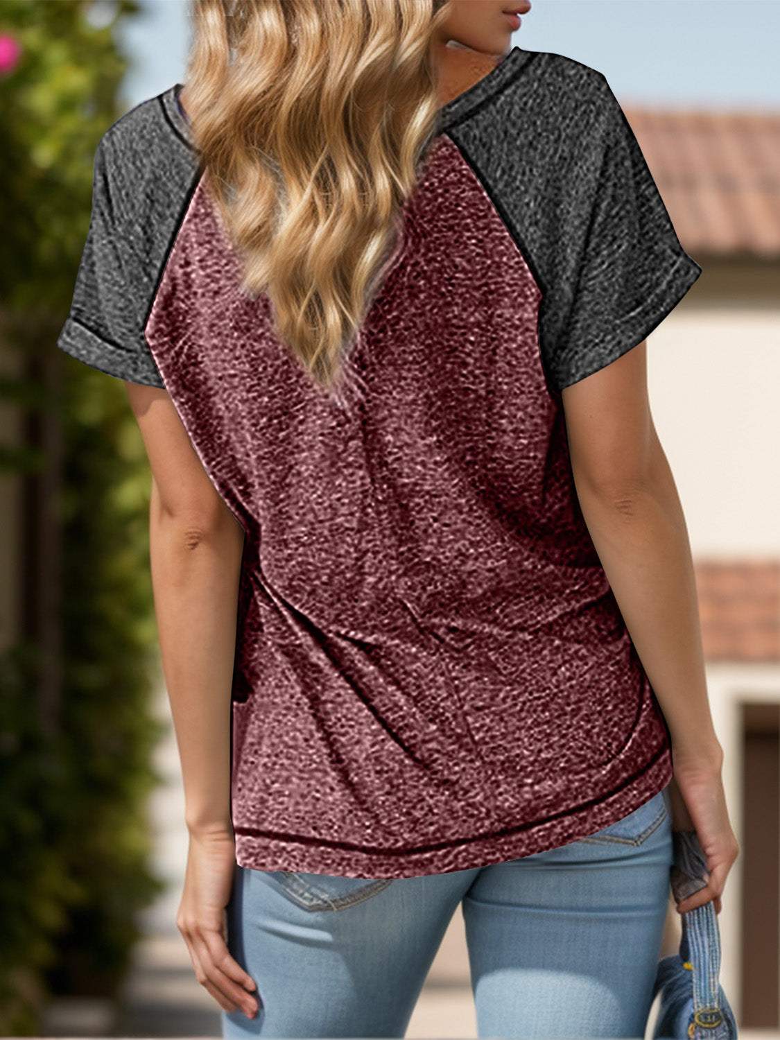 Contrast Notched Short Sleeve T-Shirt - Trendsi - Flyclothing LLC