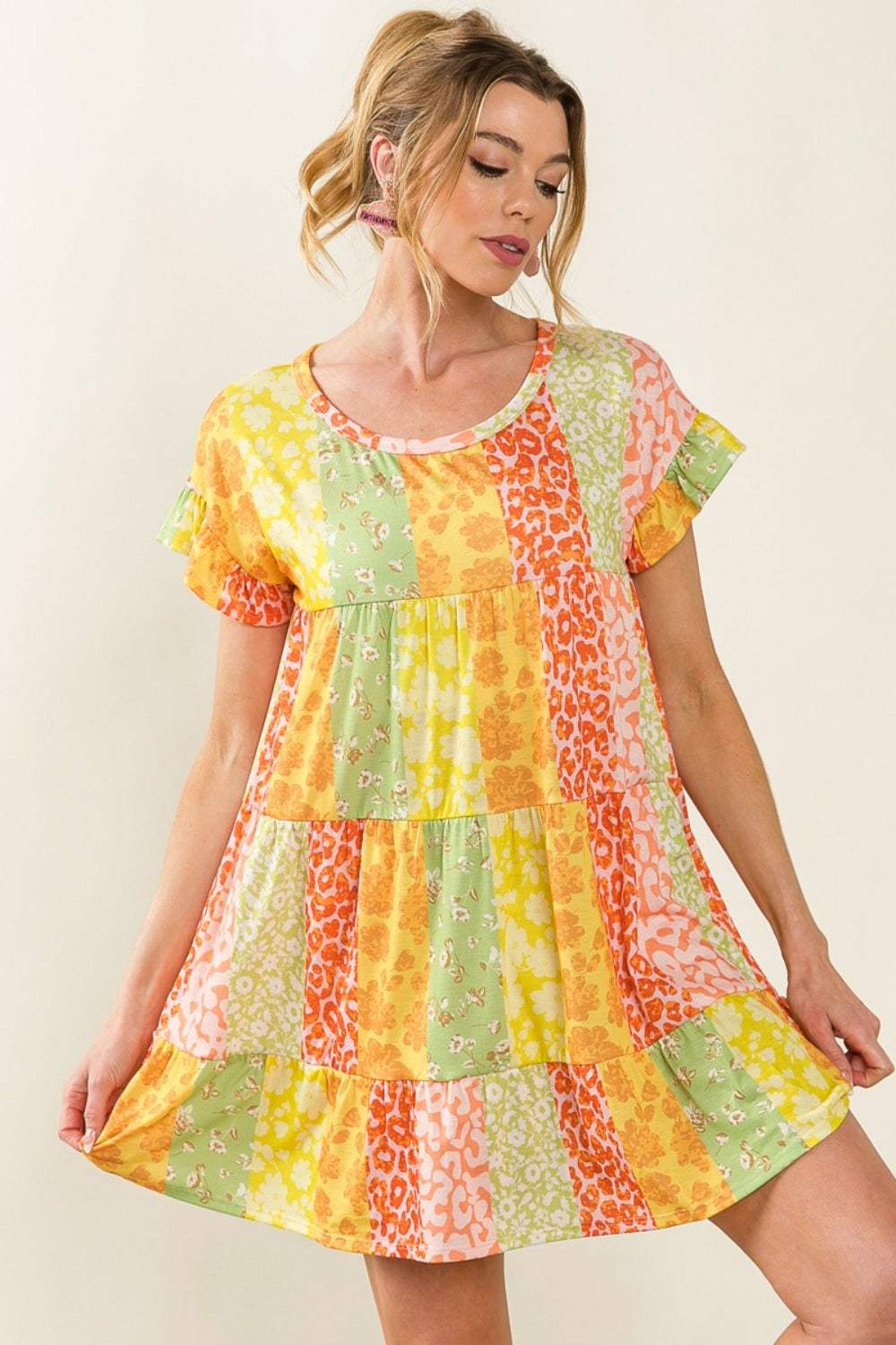 BiBi Leopard Short Sleeve Tiered Dress - Trendsi - Flyclothing LLC