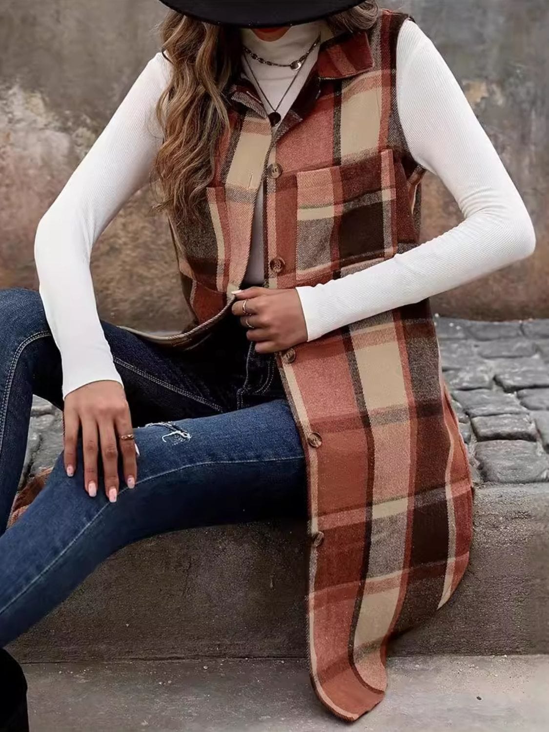Plaid Button Up Vest Coat - Trendsi