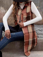 Plaid Button Up Vest Coat - Trendsi
