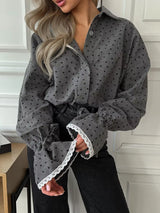 Heart Print Button Up Flounce Sleeve Shirt - Trendsi - Flyclothing LLC