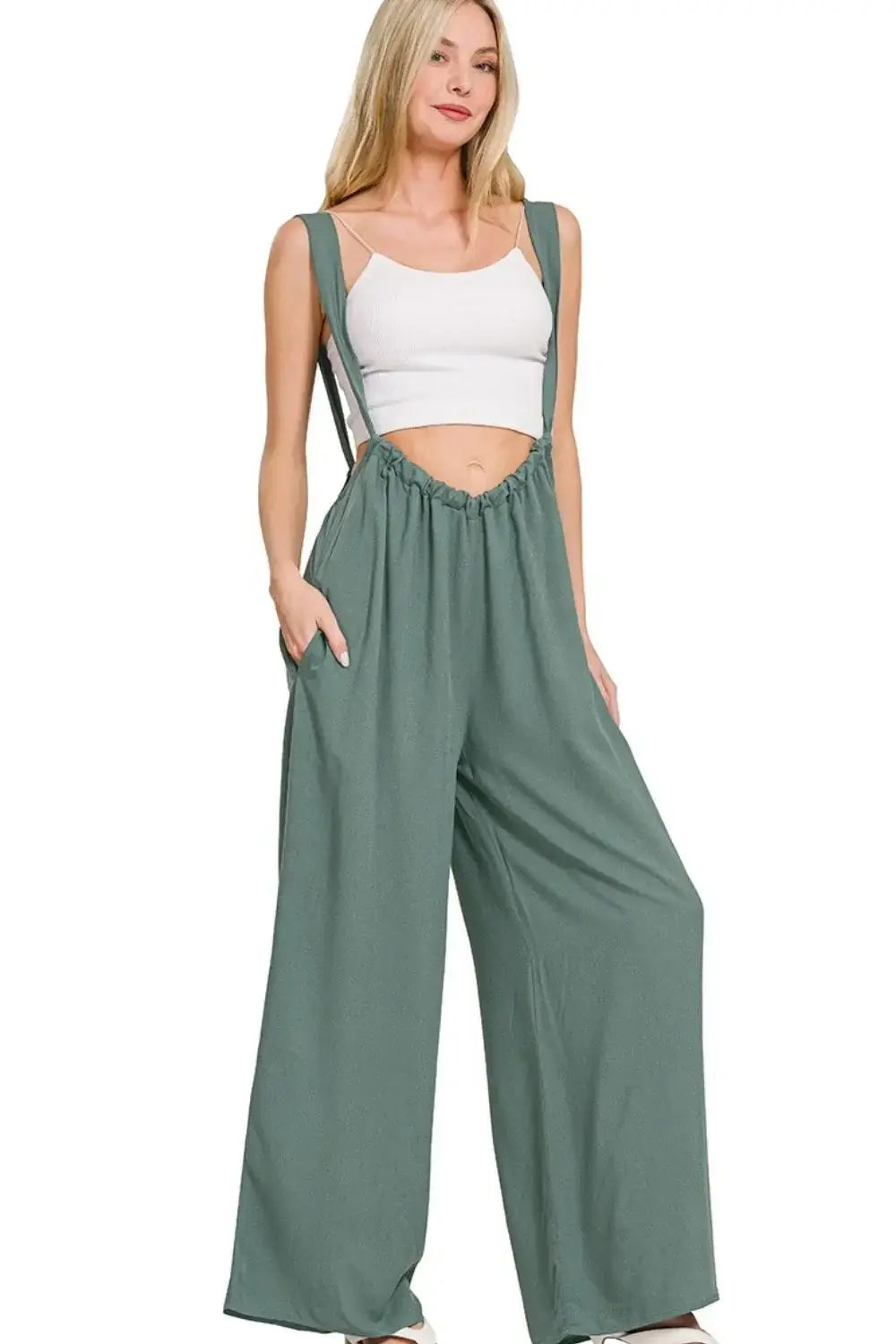 Zenana Woven Tie Back Suspender Jumpsuit - Trendsi - Flyclothing LLC