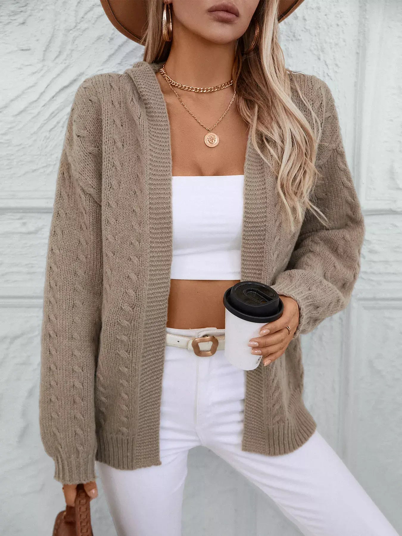 Cable Knit Open Front Hooded Cardigan - Trendsi - Flyclothing LLC