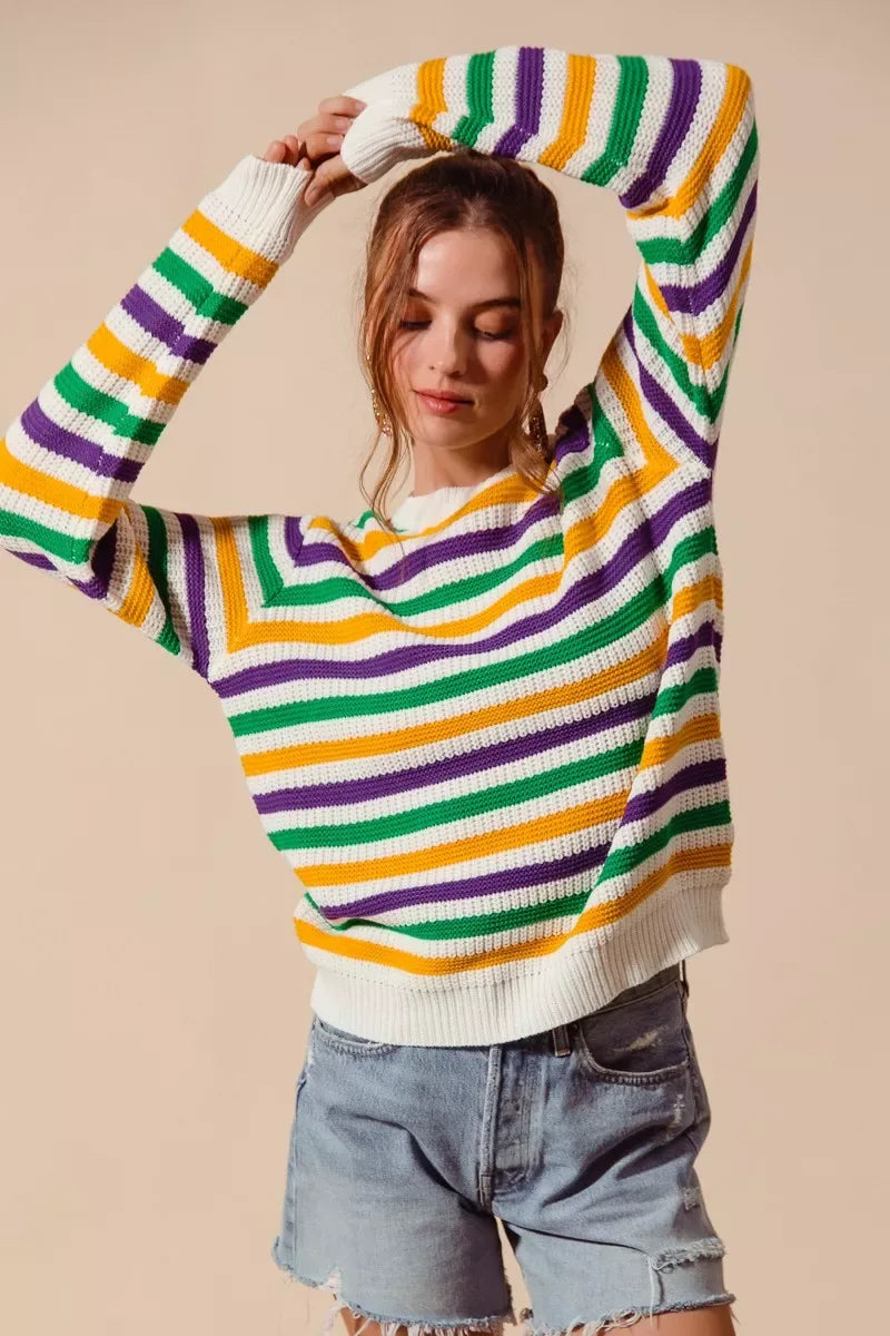 SO ME Mardi Gras Color Stripe Knit Sweater Top - Trendsi - Flyclothing LLC