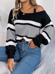 Color Block Asymmetrical Neck Long Sleeve Sweater - Trendsi