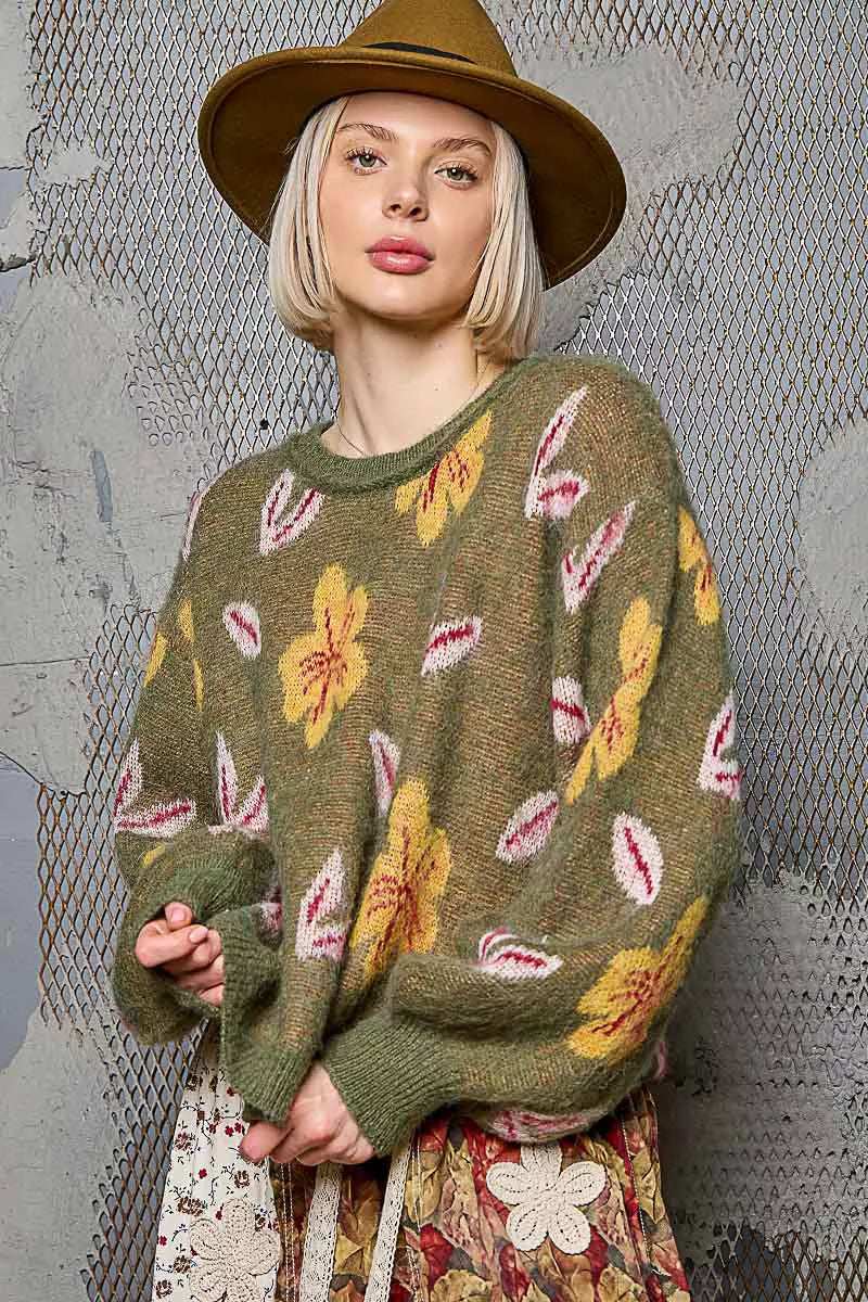 POL Floral Pattern Round Neck Balloon Sleeve Sweater - Trendsi - Flyclothing LLC