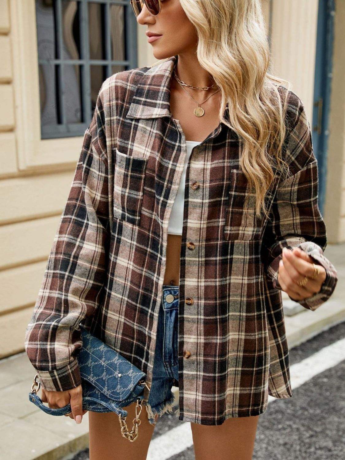 Plaid Collared Neck Long Sleeve Shirt - Trendsi - Flyclothing LLC