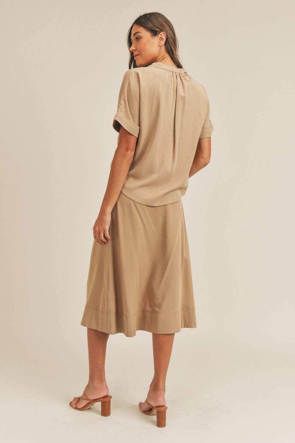 MABLE Short Sleeve Top and Button Down Midi Skirt Set - Trendsi - Flyclothing LLC