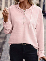 Drawstring Quarter Button Long Sleeve Hoodie - Trendsi - Flyclothing LLC