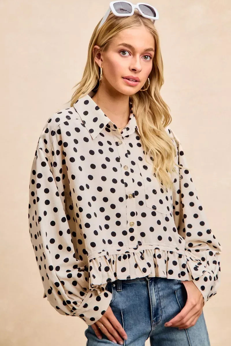 BiBi Crinkle Polka Dot Ruffled Hem Button Up Shirt Top - Trendsi - Flyclothing LLC