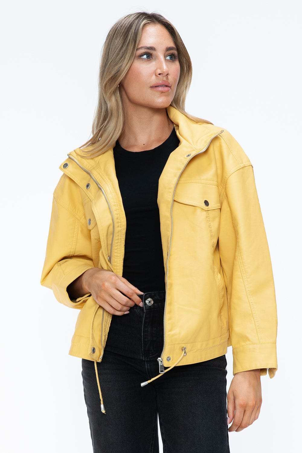 How Dare U Drawstring Hem PU Leather Zip Up Jacket - Trendsi - Flyclothing LLC
