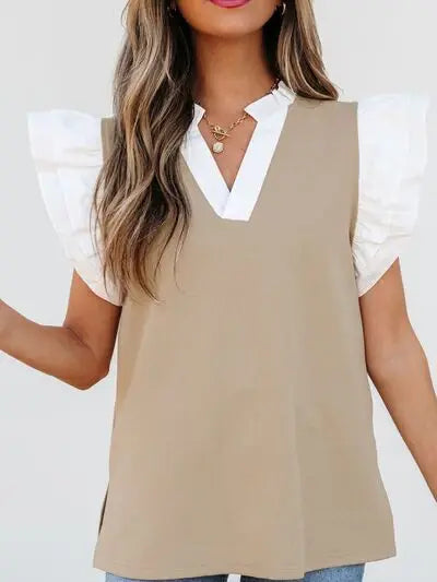 Ruffled Notched Cap Sleeve Top - Trendsi - Flyclothing LLC