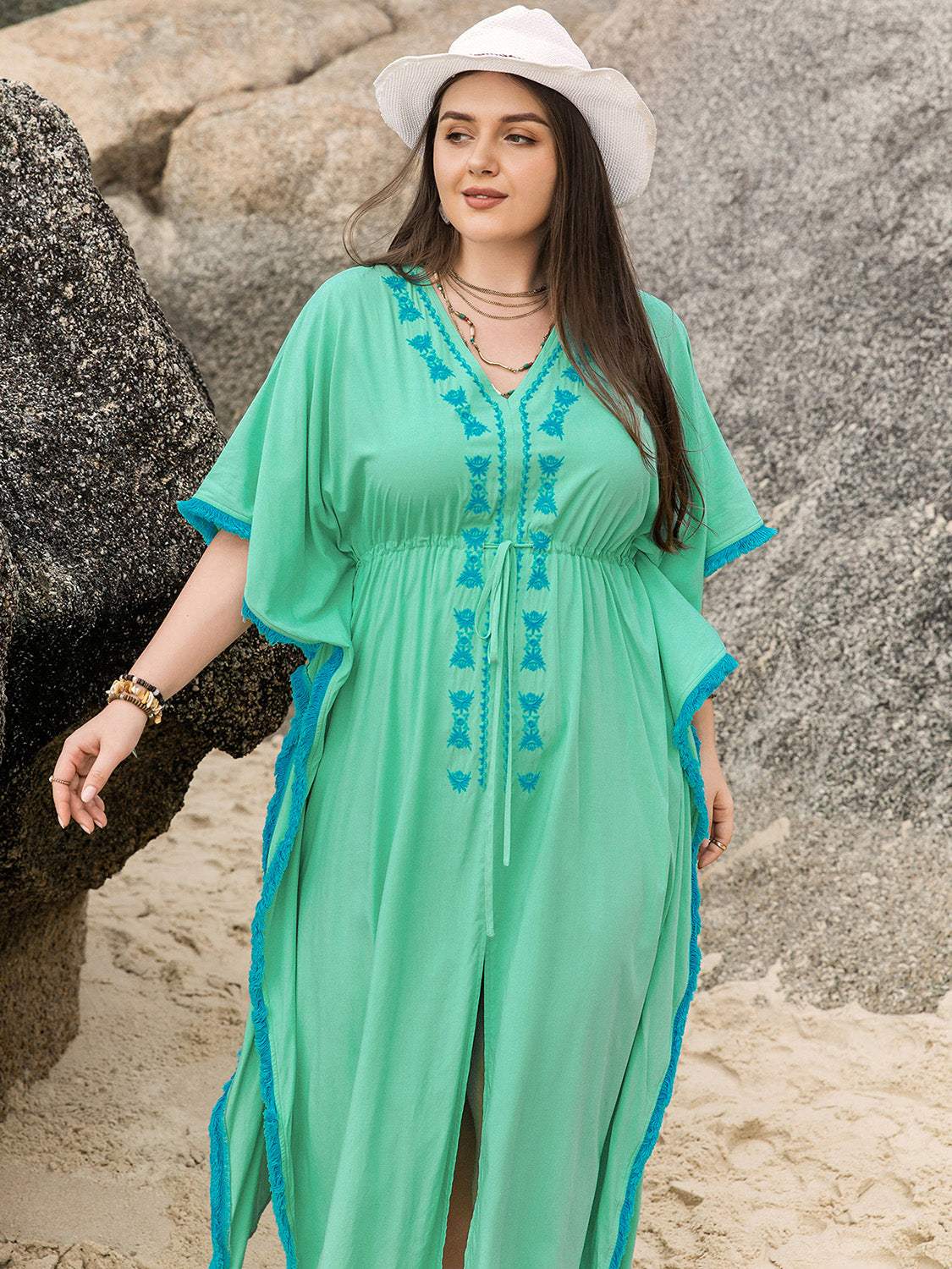 Plus Size Tied Fringe V-Neck Half Sleeve Dress - Trendsi - Flyclothing LLC