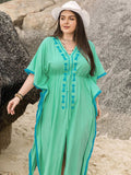 Plus Size Tied Fringe V-Neck Half Sleeve Dress - Trendsi - Flyclothing LLC