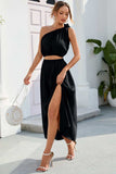 Ruched One Shoulder Top and Slit Skirt Set - Trendsi - Flyclothing LLC