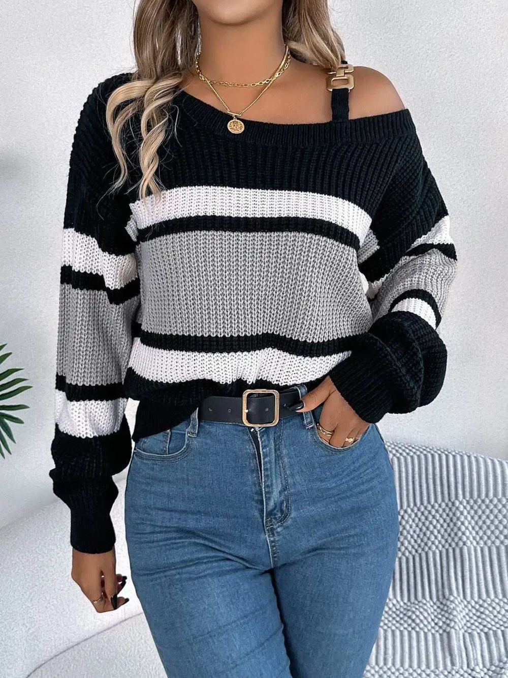 Color Block Asymmetrical Neck Long Sleeve Sweater - Trendsi - Flyclothing LLC