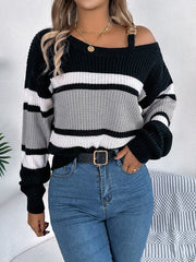 Color Block Asymmetrical Neck Long Sleeve Sweater - Trendsi