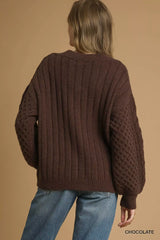 Umgee Cable Knit Pearl Button Cardigan - Trendsi - Flyclothing LLC