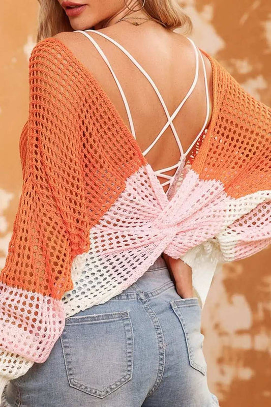 Twisted Back Round Neck Contrast Knit Cover Up - Trendsi - Flyclothing LLC