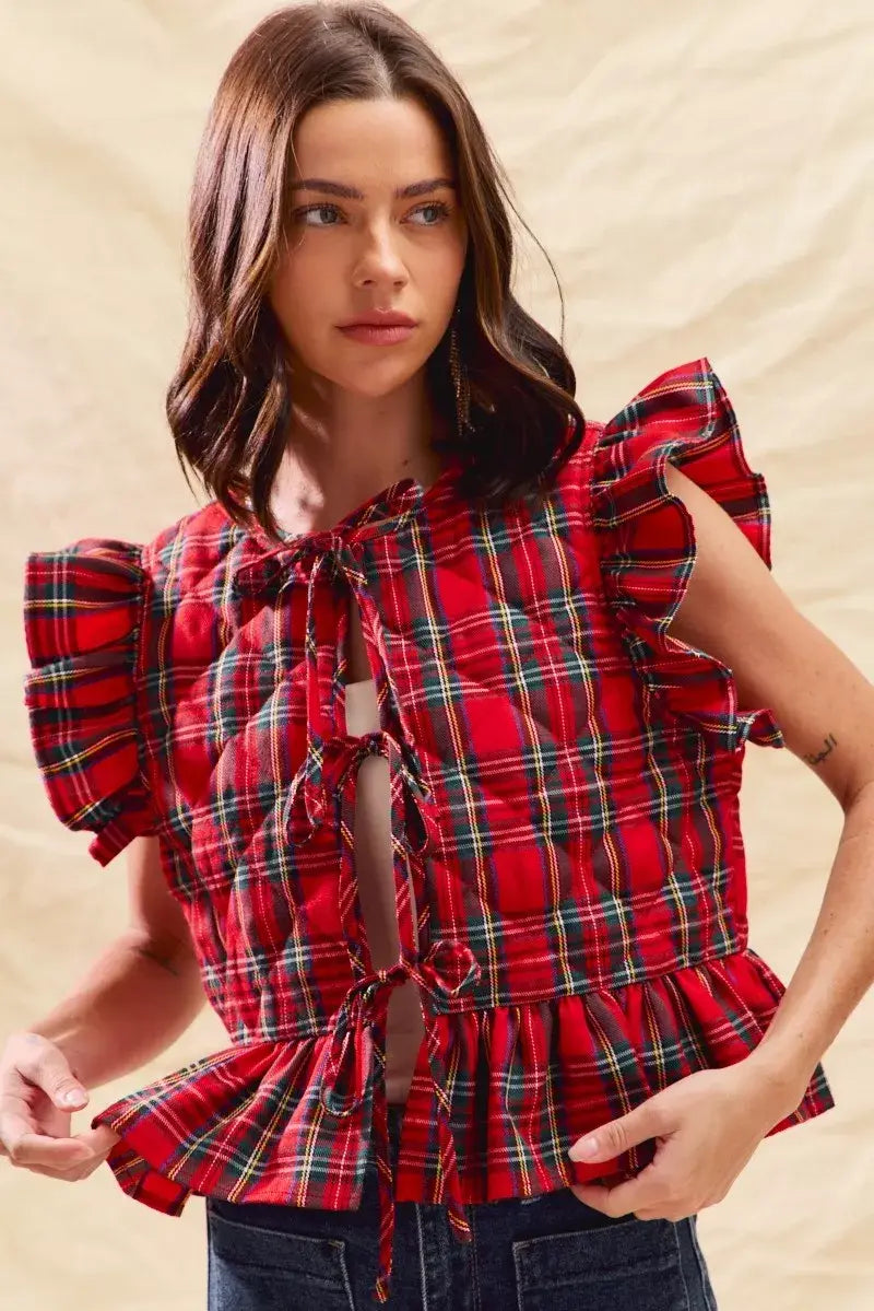 SO ME Christmas Holiday Plaid Ruffled Quilt Vest Top - Trendsi - Flyclothing LLC