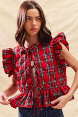 SO ME Christmas Holiday Plaid Ruffled Quilt Vest Top - Trendsi - Flyclothing LLC