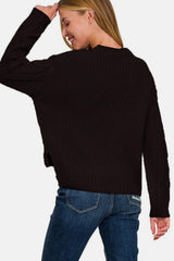 Zenana Cropped High Low Cable Sweater with Side Slits - Trendsi - Flyclothing LLC