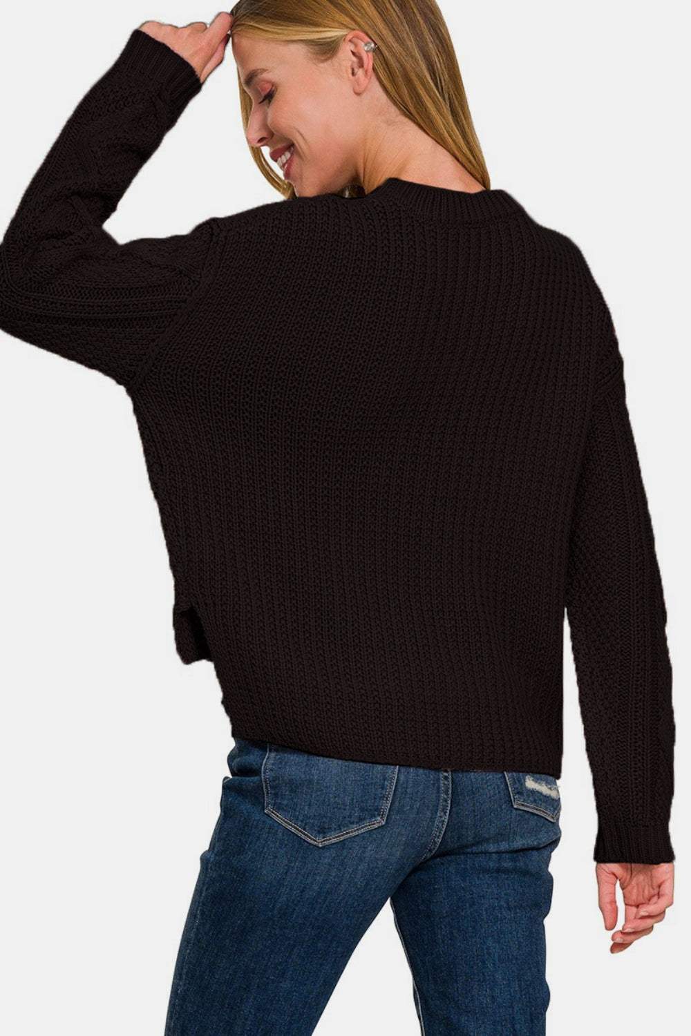 Zenana Cropped High Low Cable Sweater with Side Slits - Trendsi - Flyclothing LLC