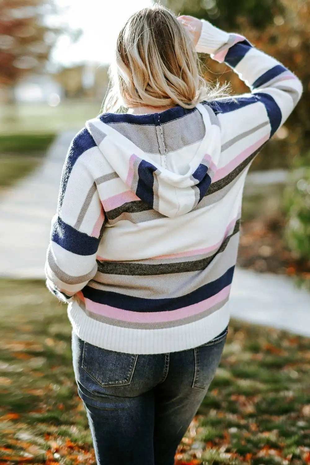 Plus Size Striped Long Sleeve Hooded Sweater - Trendsi - Flyclothing LLC