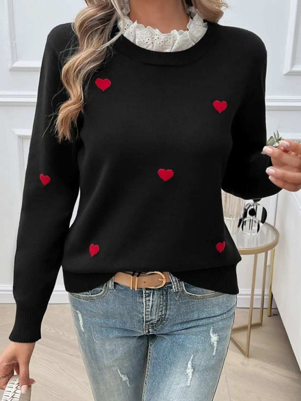 Lace Detail Heart Long Sleeve Sweater - Trendsi - Flyclothing LLC