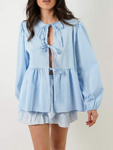 Tied Round Neck Long Sleeve Blouse - Trendsi - Flyclothing LLC