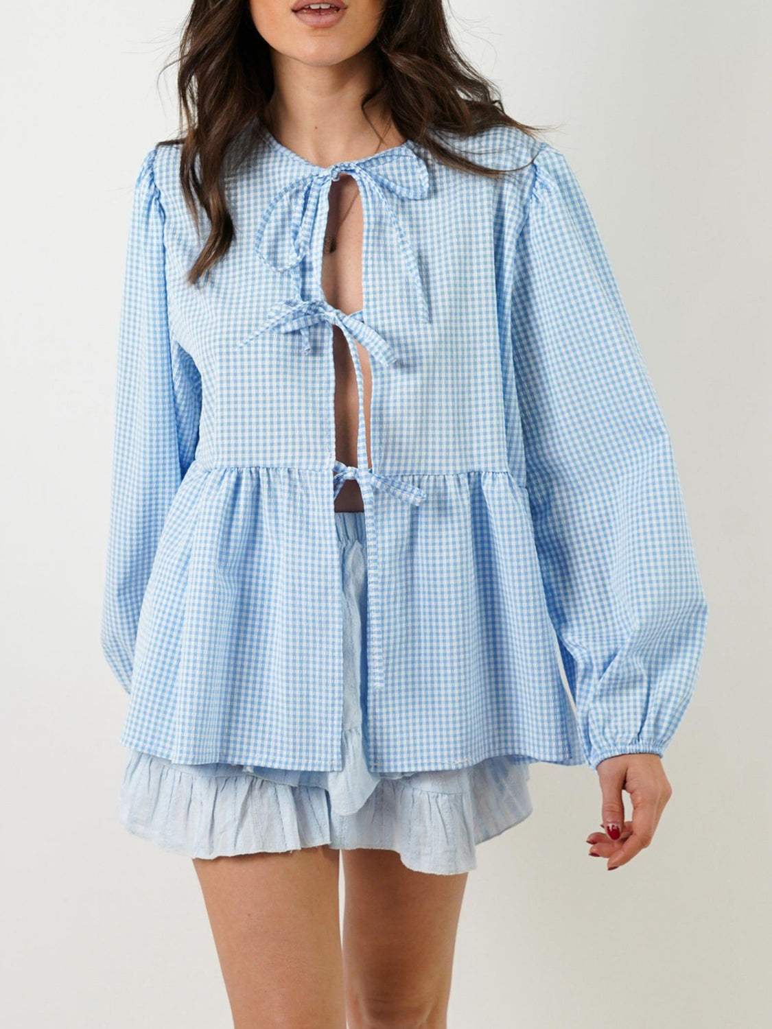 Tied Round Neck Long Sleeve Blouse - Trendsi - Flyclothing LLC