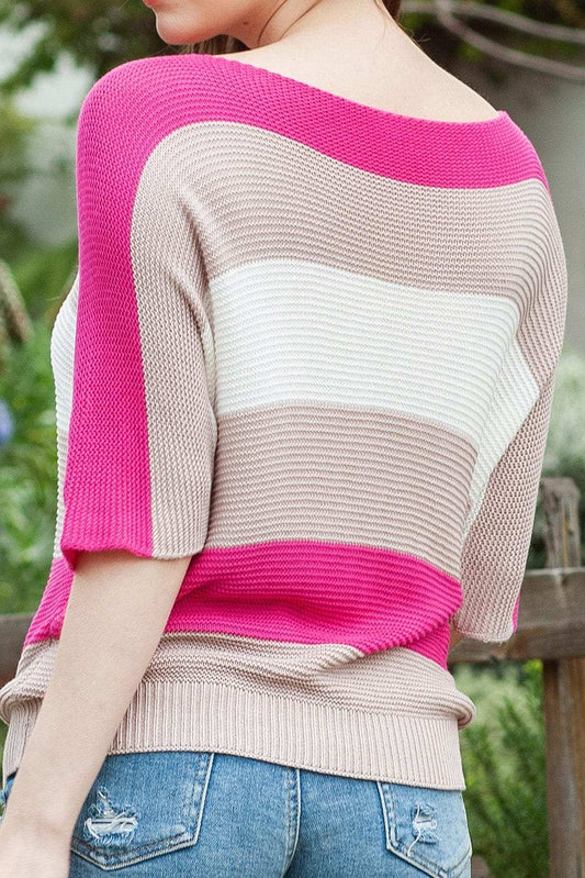 Color Block Boat Neck Half Sleeve Knit Top - Trendsi - Flyclothing LLC