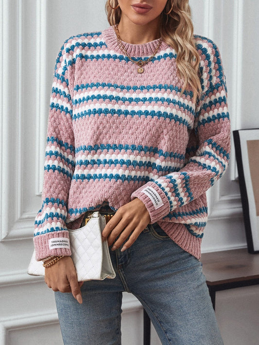 Striped Round Neck Long Sleeve Sweater - Trendsi