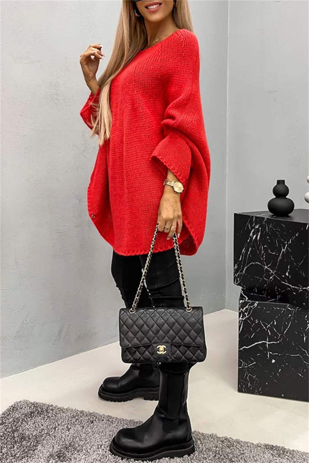 Round Neck Batwing Sleeve Sweater - Trendsi - Flyclothing LLC