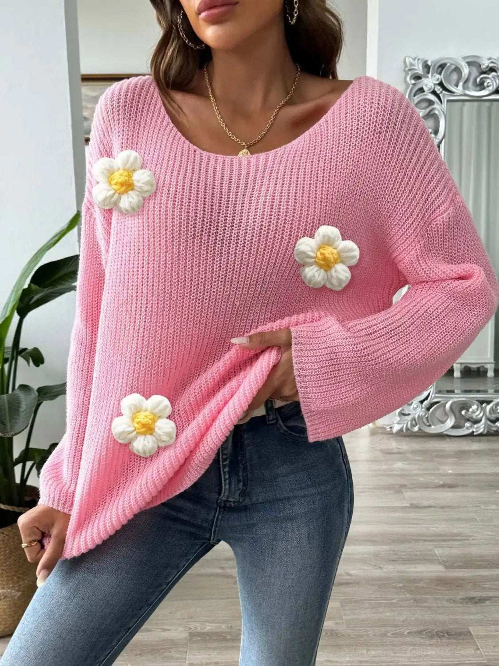 Flower Round Neck Long Sleeve Sweater - Trendsi - Flyclothing LLC