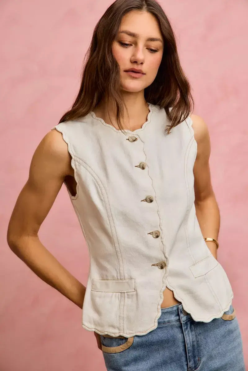 SO ME Scalloped Edge Cotton Twill Washed Vest Top - Trendsi - Flyclothing LLC