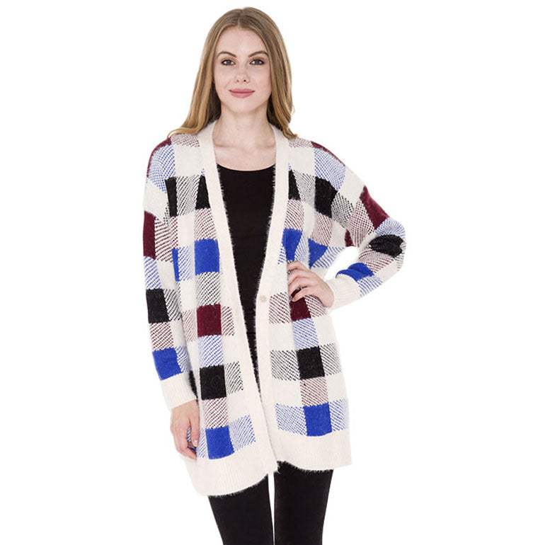 Fall Winter Plaid Check Cardigan - Madeline Love - Flyclothing LLC