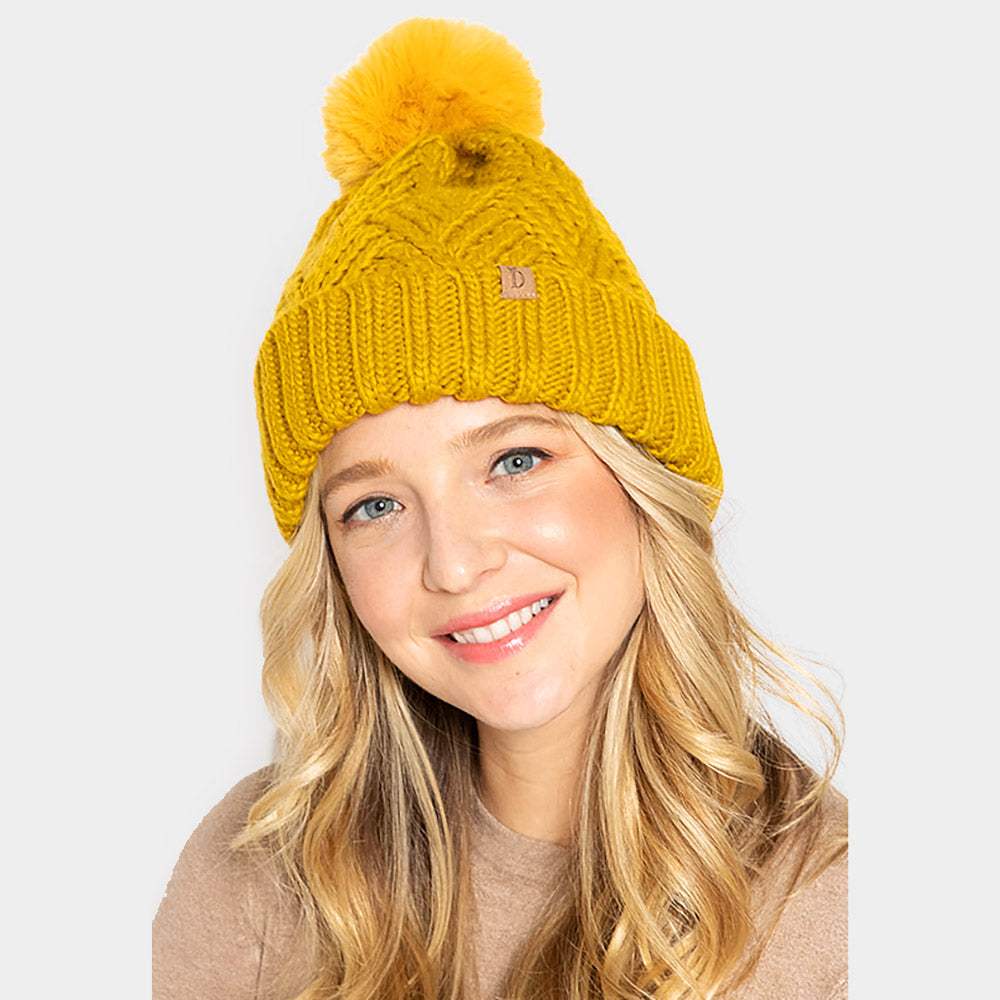 Faux Fur Pom Pom Cable Knit Beanie Hat - Madeline Love - Flyclothing LLC