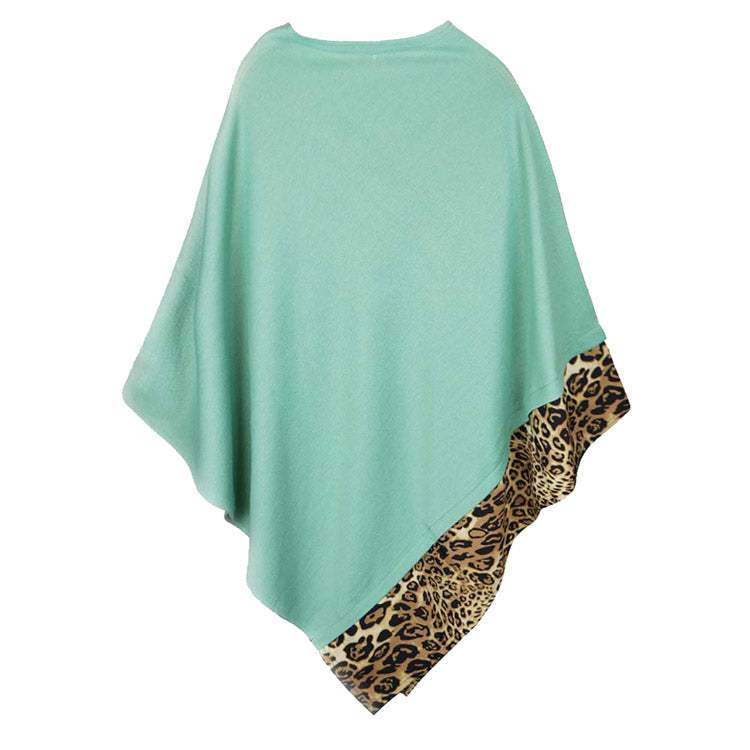 Faux Leopard Trim Solid Poncho Ruana Shawl Cape - Madeline Love - Flyclothing LLC