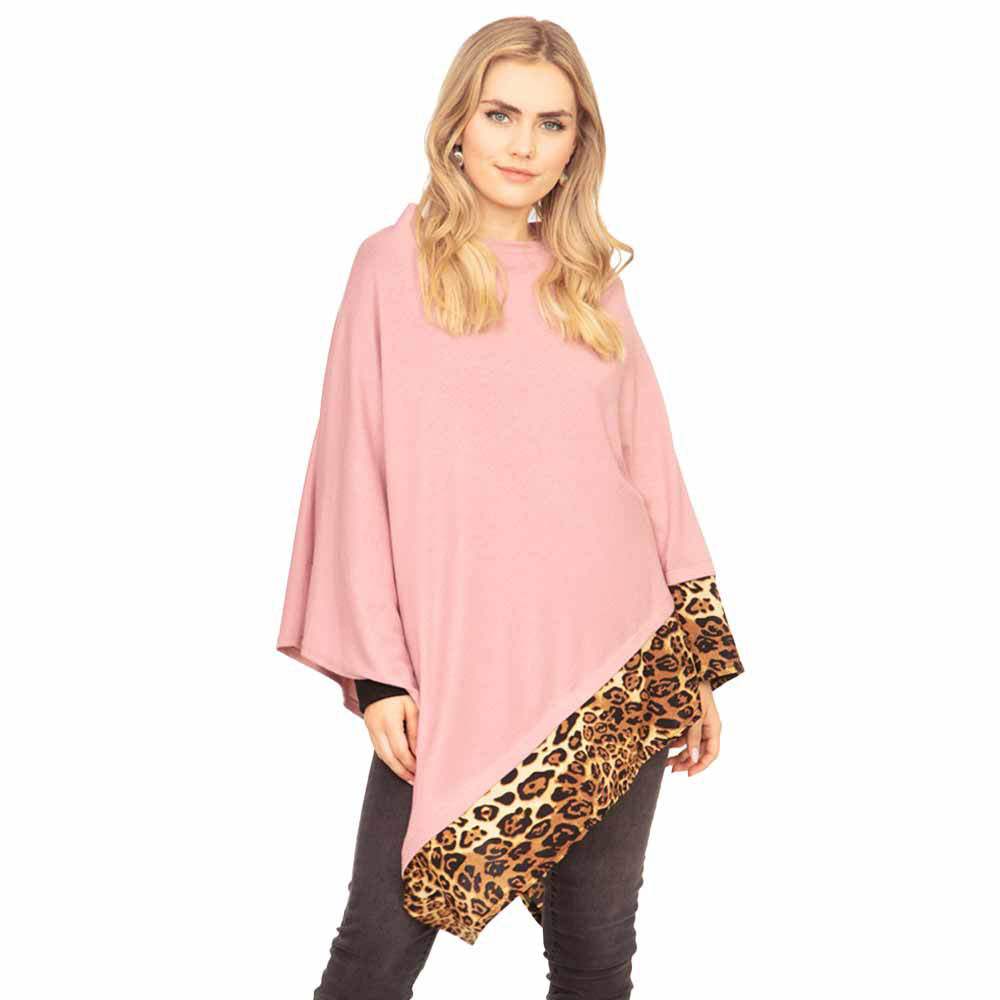 Faux Leopard Trim Solid Poncho Ruana Shawl Cape - Madeline Love - Flyclothing LLC