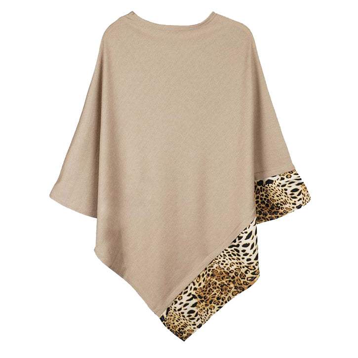 Faux Leopard Trim Solid Poncho Ruana Shawl Cape - Madeline Love - Flyclothing LLC