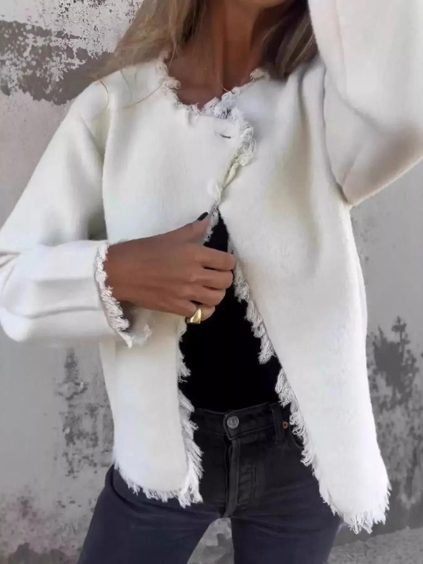 Full Size One Button Frayed Edge Cardigan Plus Size - Trendsi - Flyclothing LLC