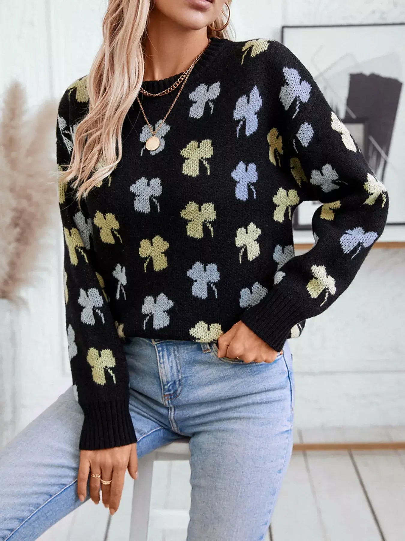 Clover Round Neck Long Sleeve Sweater - Trendsi - Flyclothing LLC