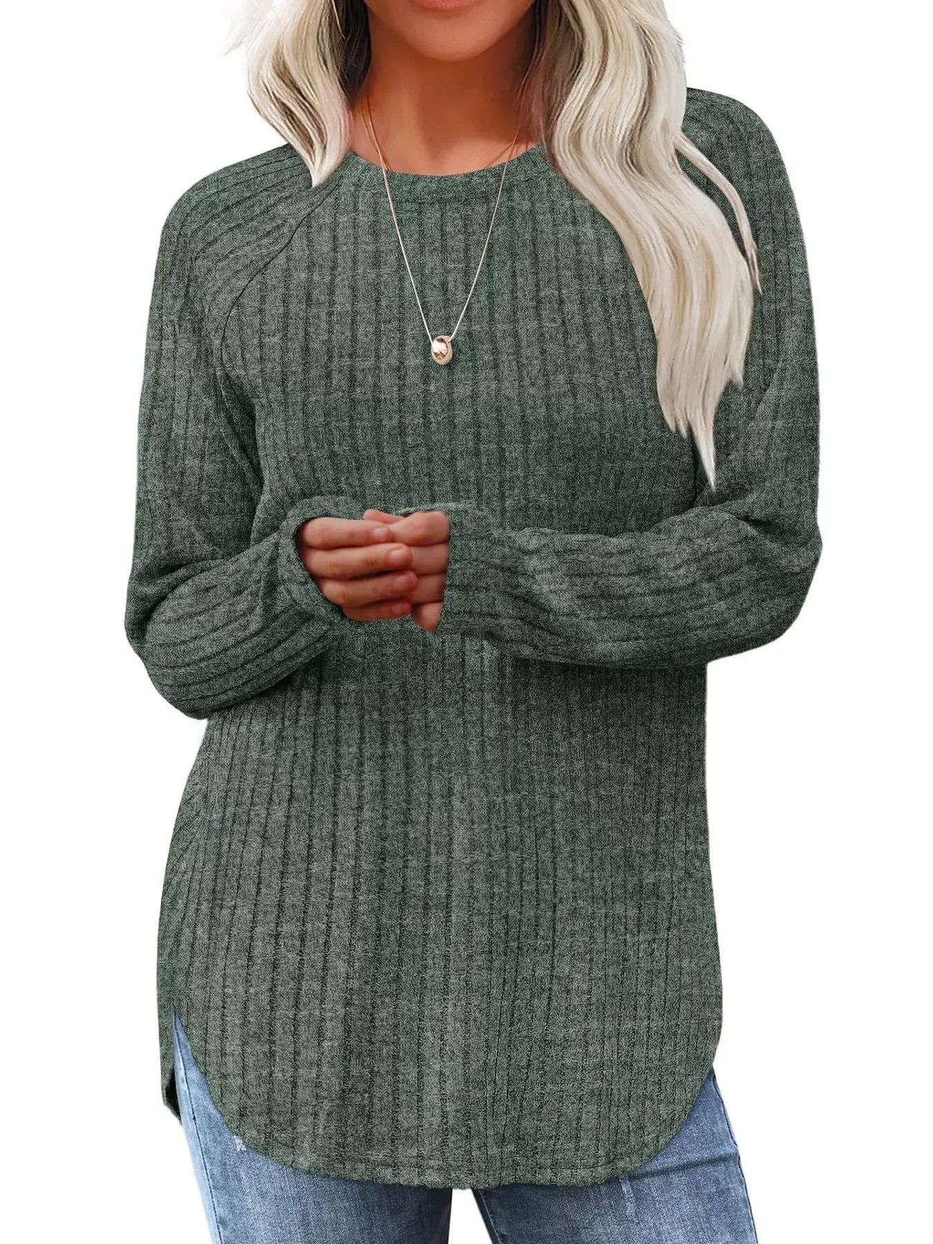 Ribbed Knit Long Sleeve T-Shirt - Trendsi - Flyclothing LLC