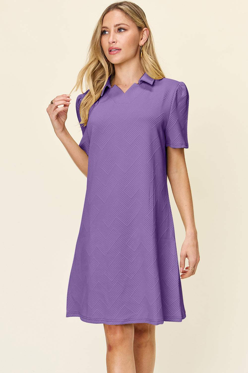 Double Take Full Size Texture Collared Neck Short Sleeve Dress - Trendsi - Flyclothing LLC