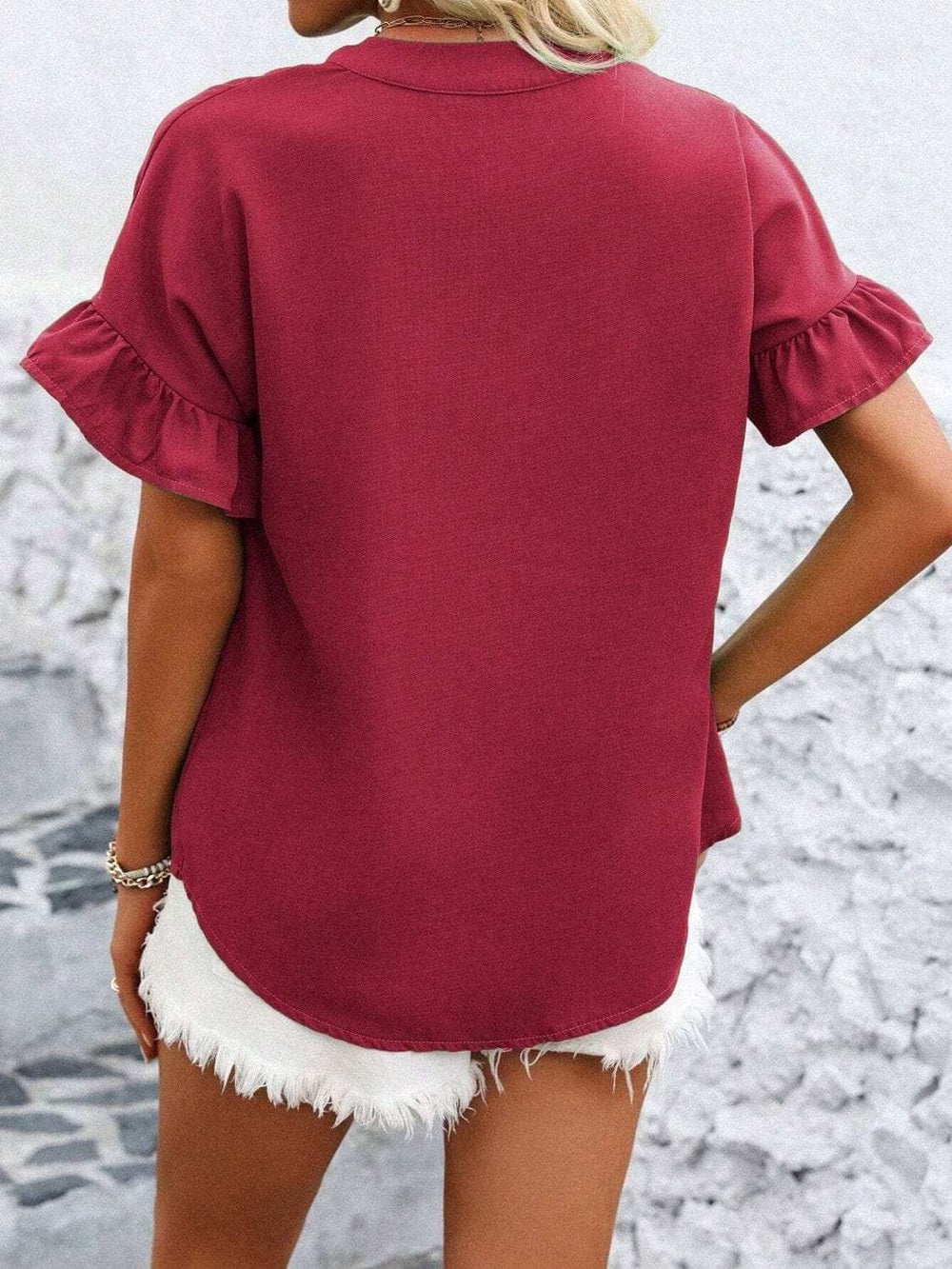 Button Down Ruffled Short Sleeve Shirt - Trendsi - Flyclothing LLC