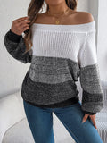 Color Block Off-Shoulder Long Sleeve Sweater - Trendsi