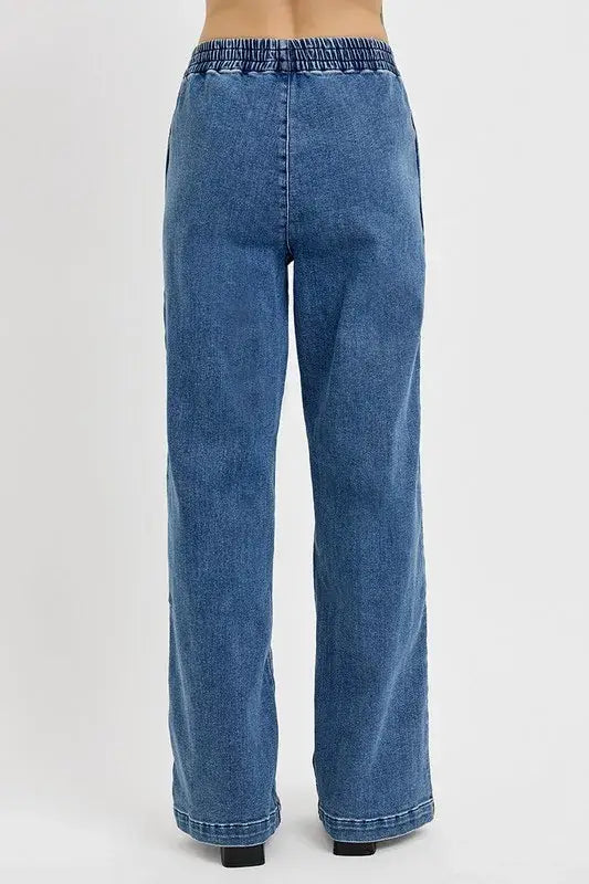 RISEN Full Size Elastic Waist Wide Leg Jeans Plus Size - Trendsi - Flyclothing LLC