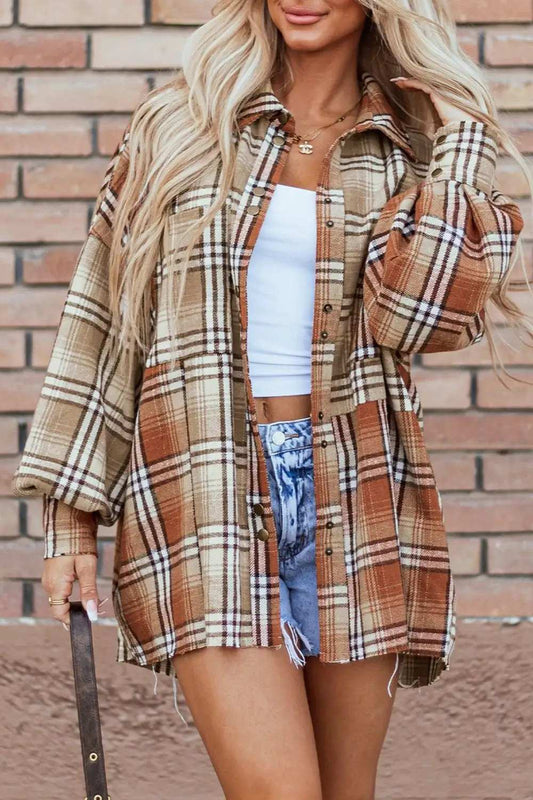 Plaid Snap Down Dropped Shoulder Shacket - Trendsi - Flyclothing LLC